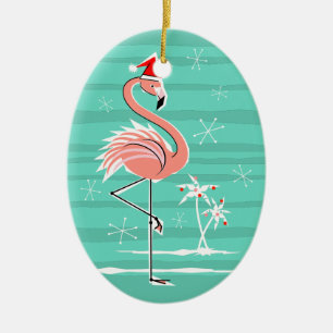 Cerâmica oval de ornamento de Flamingo Stripe de Natal