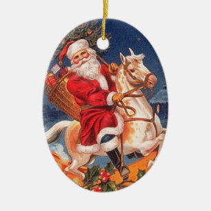 Cerâmica Papai noel do vintage em um ornamento do cavalo de