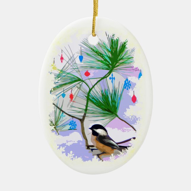 Cerâmica Pássaro Chickadee no Ornamento da Árvore de Natal (Frente)