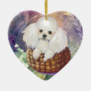 Cerâmica Poodle Branco em Ornamento de Cesta