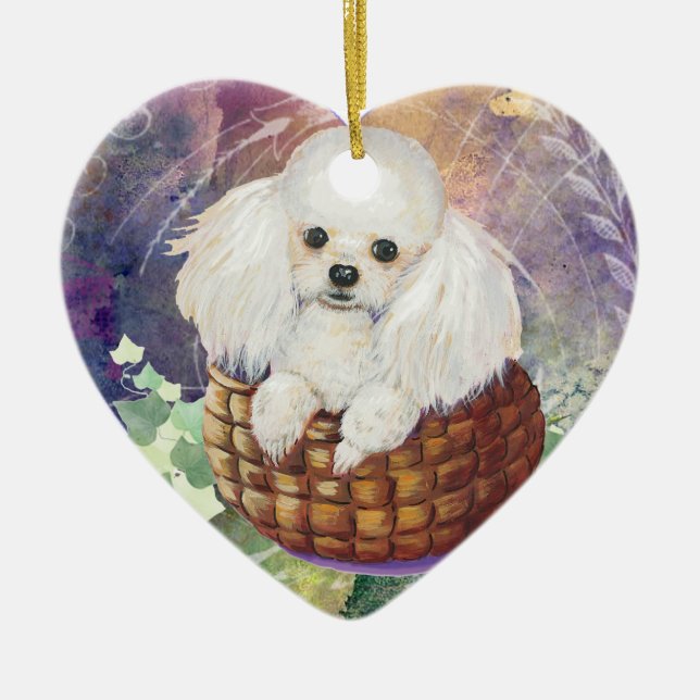 Cerâmica Poodle Branco em Ornamento de Cesta (Frente)