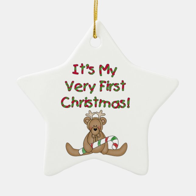 Cerâmica Reindeer Bear Muito Primeiro Ornamento De Natal (Frente)