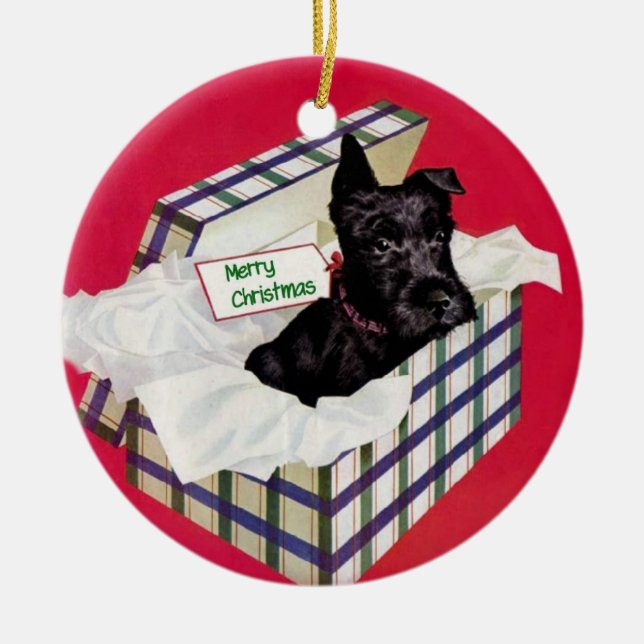 Cerâmica Schnauzer em um ornamento da caixa de presente (Frente)