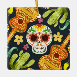 Cerâmica Sugar Skull e Guitars Dia de Muertos | Ornamento