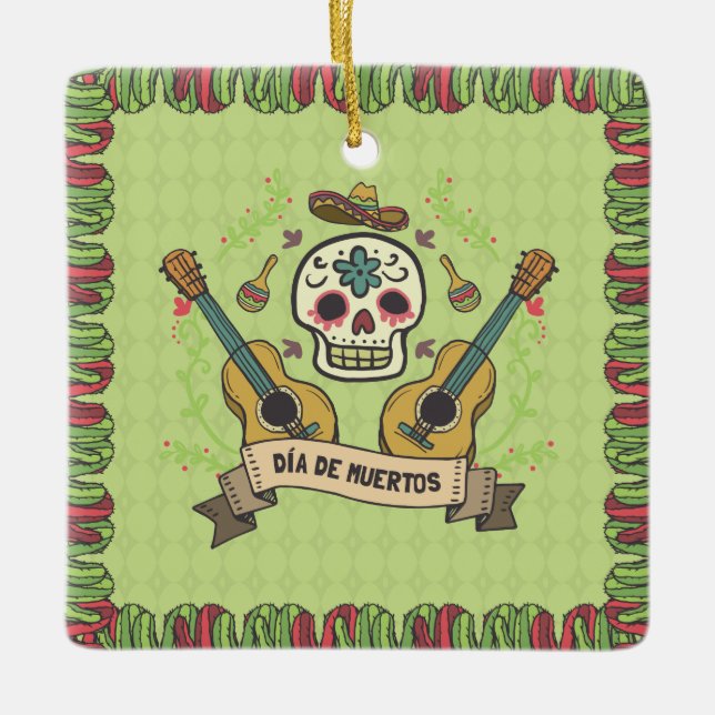 Cerâmica Sugar Skull e Guitars Dia de Muertos | Ornamento (Frente)