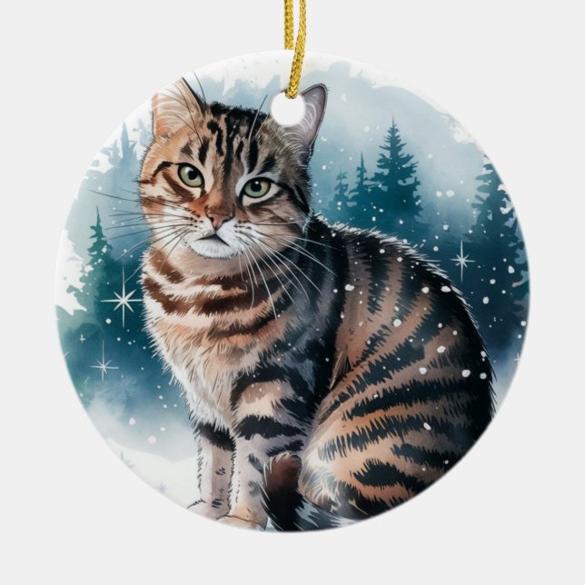 Cerâmica Tabby Doméstico Círculo de Gato Ornamento Natal (Frente)