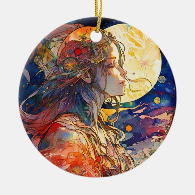 Cerâmica Vibrante Aquarela de Moça e Ornamento da Lua (Frente)