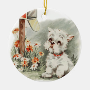 Cerâmica Vintage Sad Puppy Espera por um Ornamento de Cacho