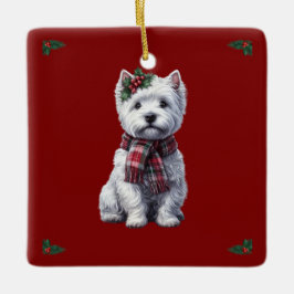 Cerâmica Westie de Natal com ornamento sagrado.