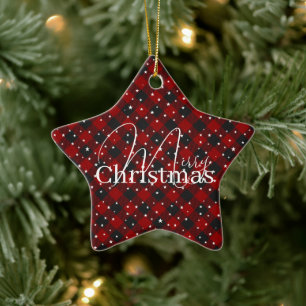 Cerâmica Xadrez vermelho e preto com estrelas ornamento de 