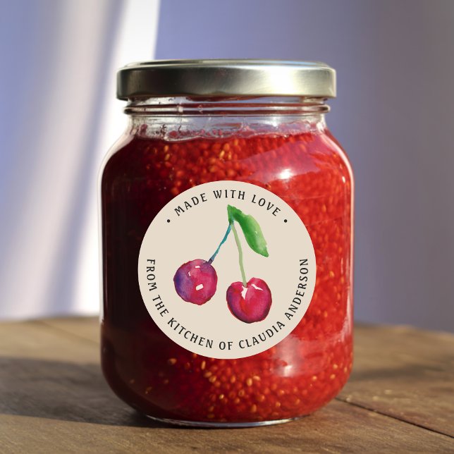 Cereja Rústica Feito Com Amor Adesivos de Presente (This cherry jam label features two watercolor cherries -- my own original hand-painted artwork.)