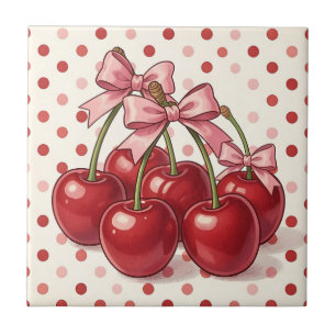 Cerejas Vermelhas Doces Laços Rosa Pontos Polka Re