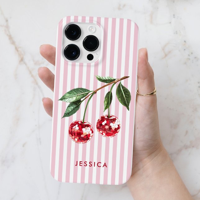 Cerejas Vermelhas Modernas Listras Rosas Nome Pers (Modern Red Cherries Pink Stripes Personalized Name Case-Mate iPhone Case)