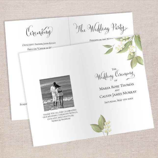 Cerimônia de Casamento Elegante Sage Greenery Foli (Elegant lily of the valley floral wedding ceremony program with botanical greenery and classic typog)