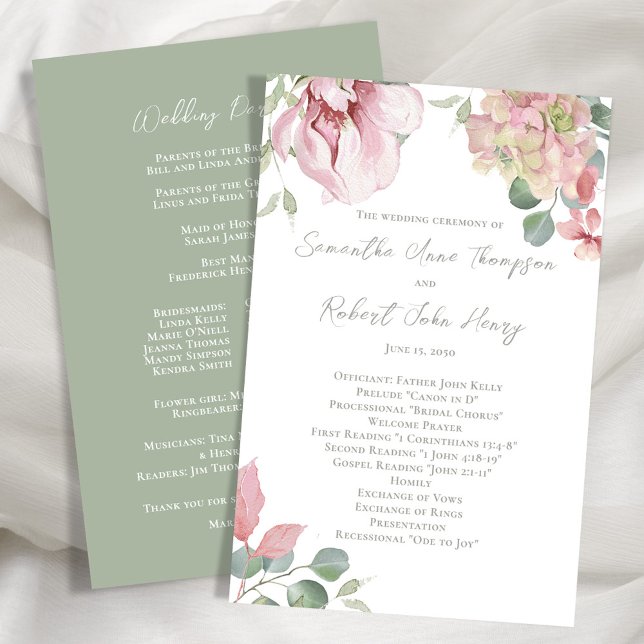 Cerimônia de Casamento Floral Rosa-Blush (Blush pink floral wedding ceremony program.)