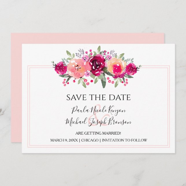 Cerise Watercolor Floral Cartões salve a data (Frente/Verso)