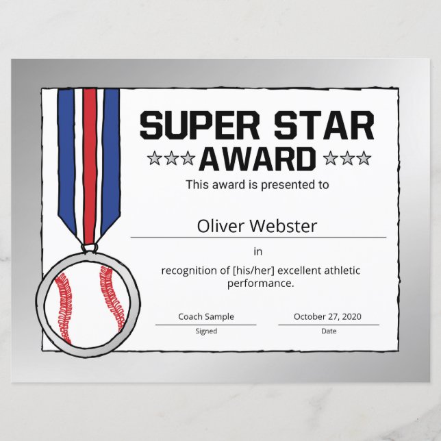 Certi Super Star Baseball Certificate Prêmio Sport (Frente)