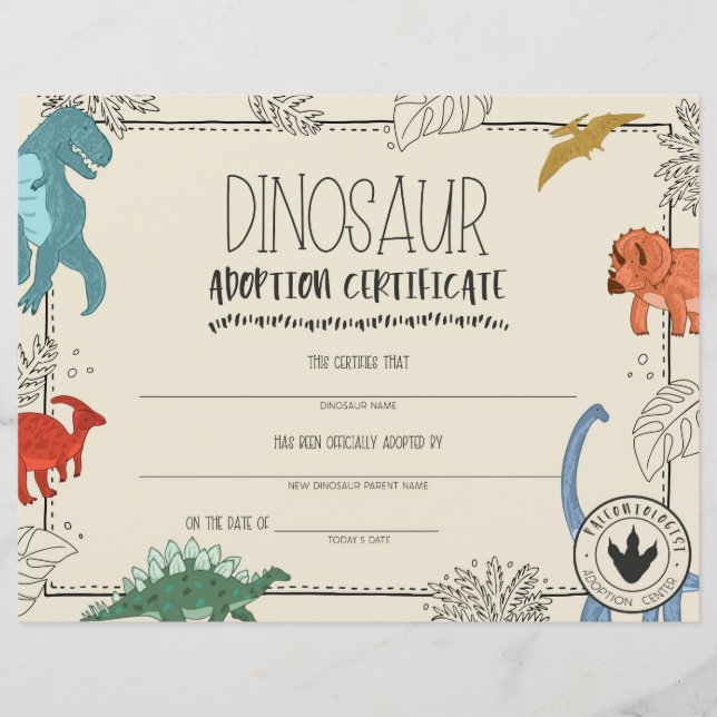 Certificado de Adoção de Dinossauro (Frente)