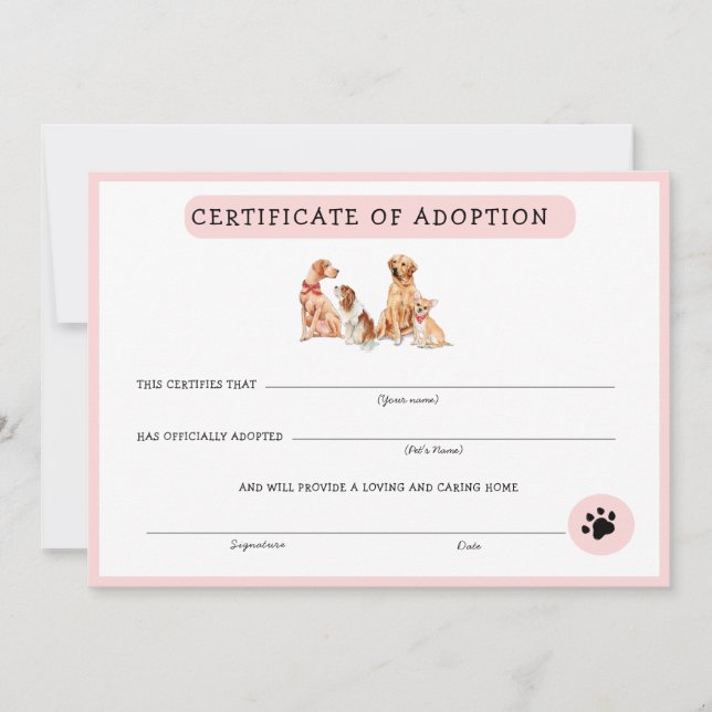 Certificado de Adoção de Pupppy Pink e Branco Cute (Frente)