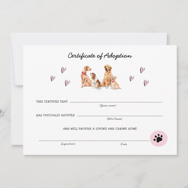 Certificado de Adoção de Pupppy Pink e Branco Cute (Frente)