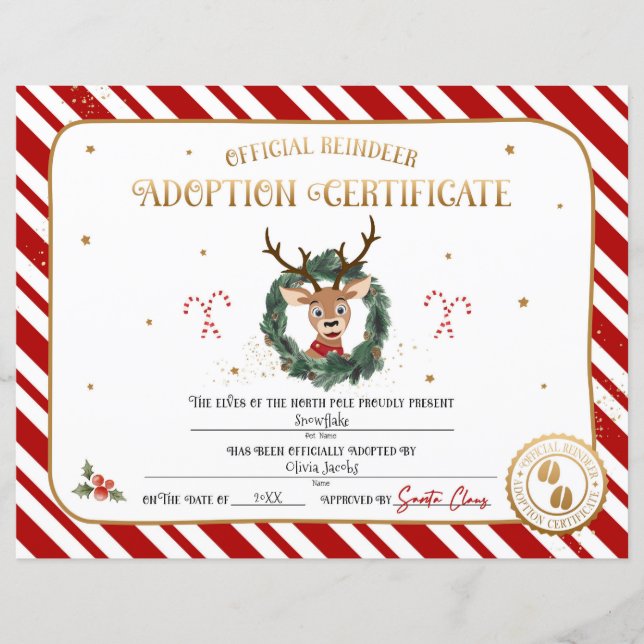 Certificado de Adoção de Rena Personalizado (Frente)