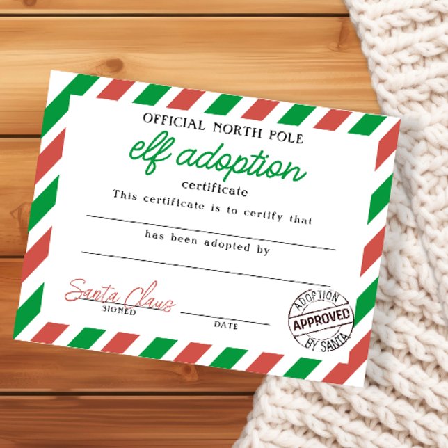 Certificado de adoção Elf assinado por Papai Noel (Elf Adoption Certificate Signed by Santa Claus from Ricaso. Official North Pole legal document )