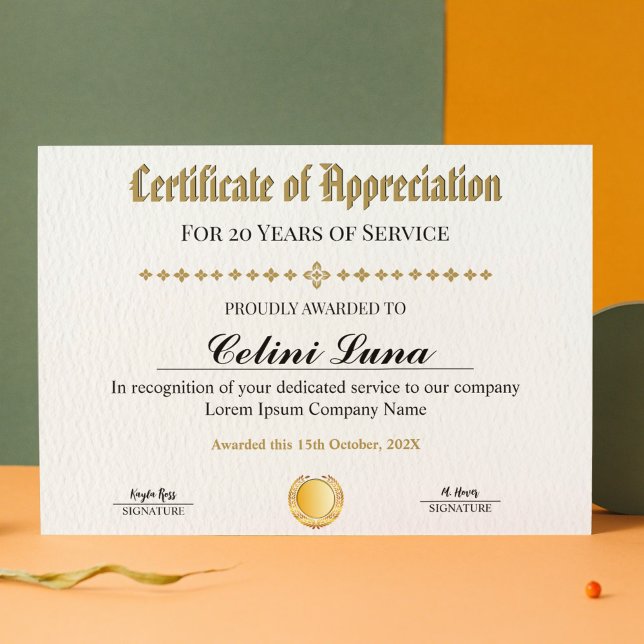 Certificado de anos de serviço - Dourado profissio (Years of Service Certificate - Professional Gold)