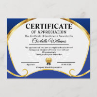 Certificado de Apreciação Azul Dourado Elegante