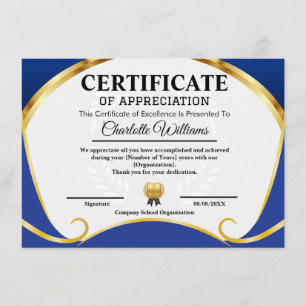 Certificado de Apreciação Azul Dourado Elegante