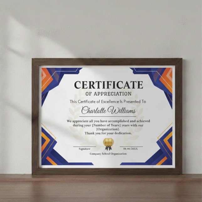 Certificado de Apreciação Azul Ouro Profissional (Criador carregado)