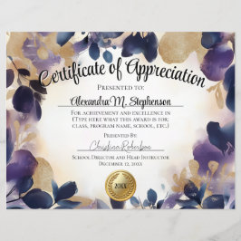 Certificado de Apreciação Dourada de Aquarela Flor