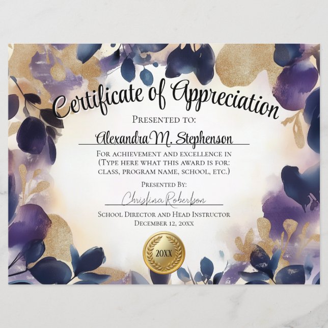 Certificado de Apreciação Dourada de Aquarela Flor (Frente)