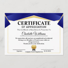 Certificado de Apreciação Dourado Azul Pro