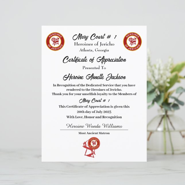 Certificado de Apreciação HOJ (Em pé/Frente)