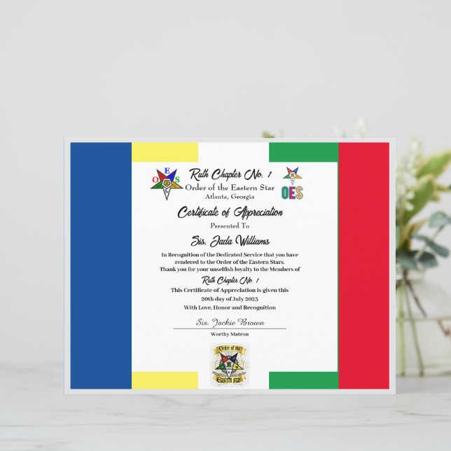 Certificado de Apreciação OES (Em pé/Frente)