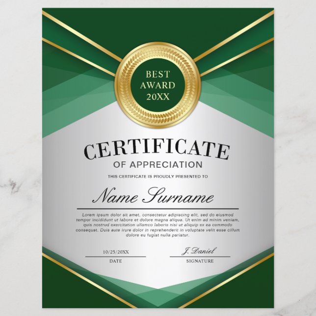 Certificado de Apreciação Vertical Verde e Dourado (Frente)
