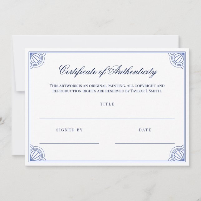 Certificado de autenticidade de quadro azul Elegan (Frente)