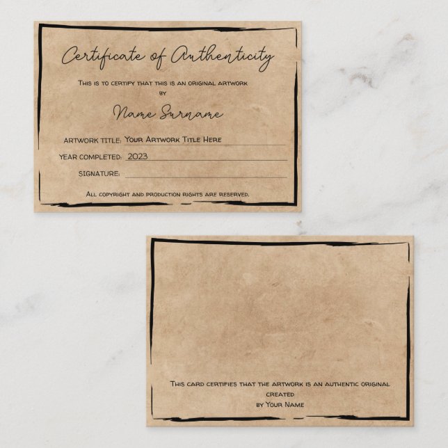 Certificado de Autenticidade Trabalho de arte por  (Frente/Verso)