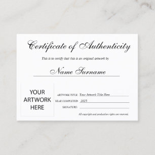 Certificado de Autenticidade Trabalho de arte por