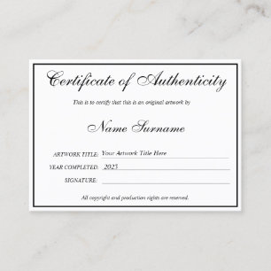 Certificado de Autenticidade Trabalho de arte por