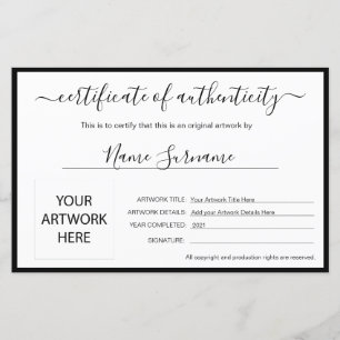 Certificado de Autenticidade Trabalho de arte por