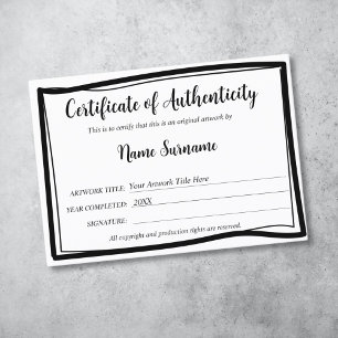 Certificado de Autenticidade Trabalho de arte por
