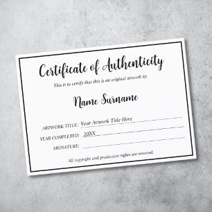 Certificado de Autenticidade Trabalho de arte por