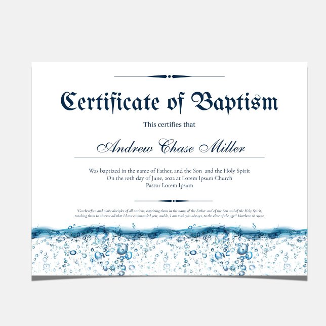 Certificado de Baptism Water Baby Christening (Certificate of Baptism, Water Baptism Christening certificate wall decor)