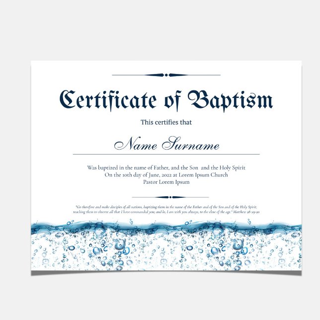 Certificado de Baptism Water Baby Christening (Certificate of Baptism Water Baby Christening)