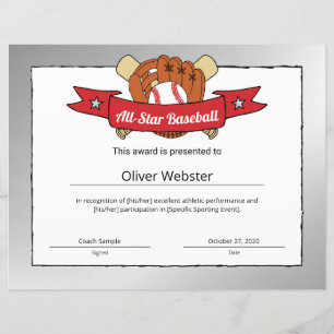 Certificado de Baseball de Prêmio de Jogador Base