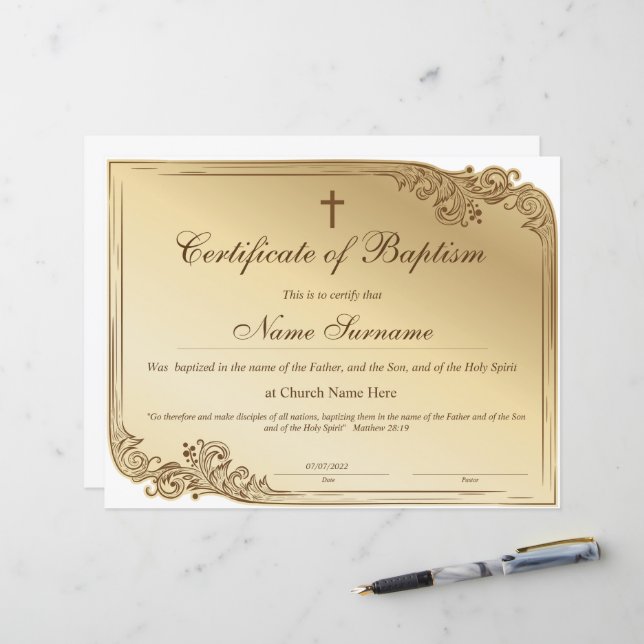 Certificado de Batismo, Dedicação de Bebê (Frente/Verso In Situ)