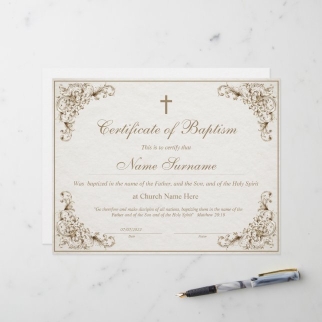 Certificado de Batismo, Dedicação de Bebê (Frente/Verso In Situ)