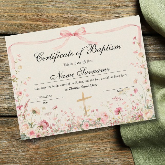 Certificado de Batismo, Dedicação de Bebê (Certificate of Baptism, Baby Dedication for girls with a pink watercolor bow and meadow flowers)