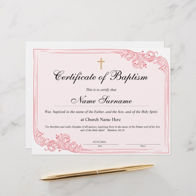 Certificado de Batismo, Dedicação de Bebês (Frente/Verso In Situ)